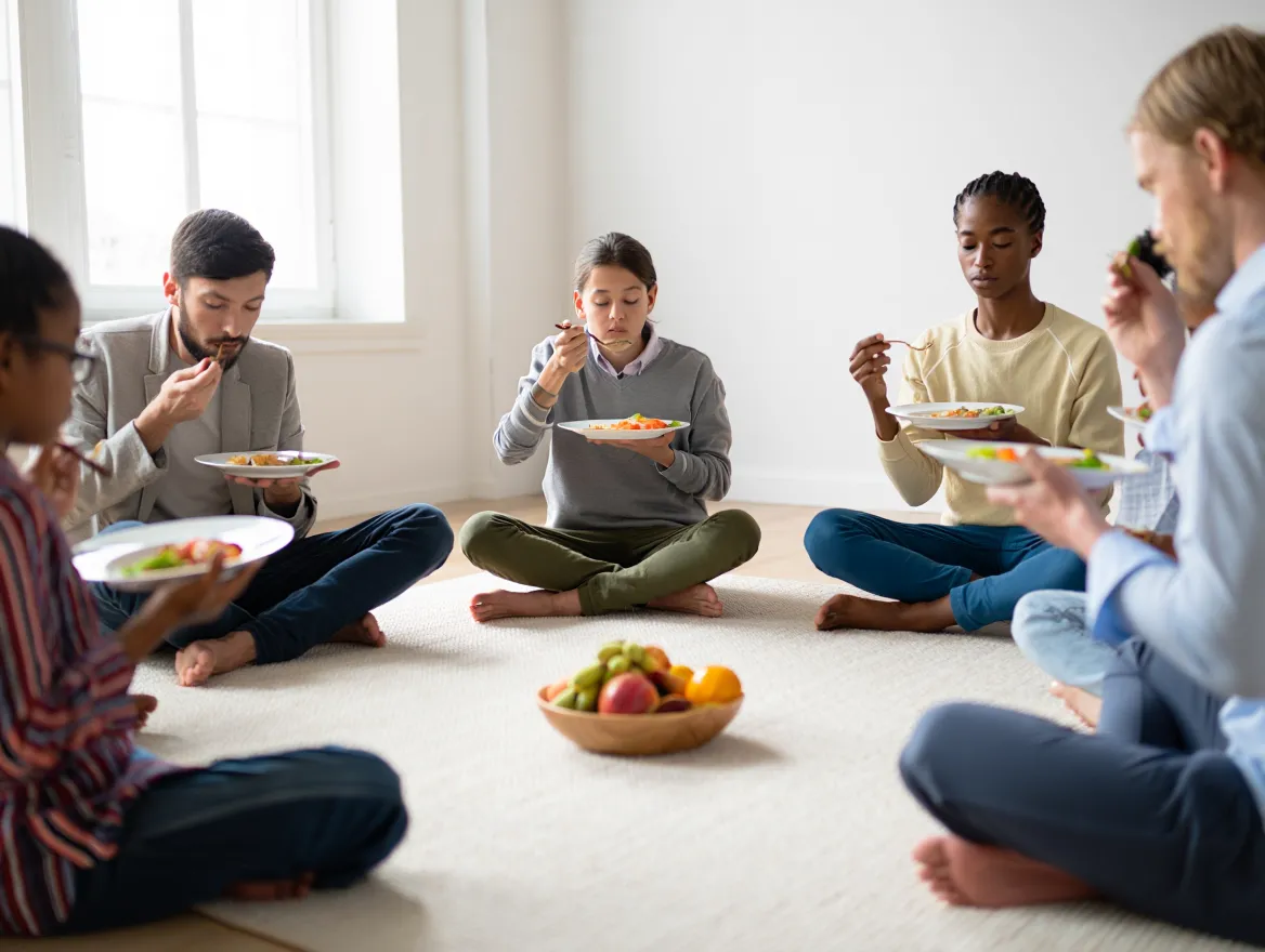 Deltagere i mindful eating workshop sidder i cirkel og praktiserer bevidst spisning